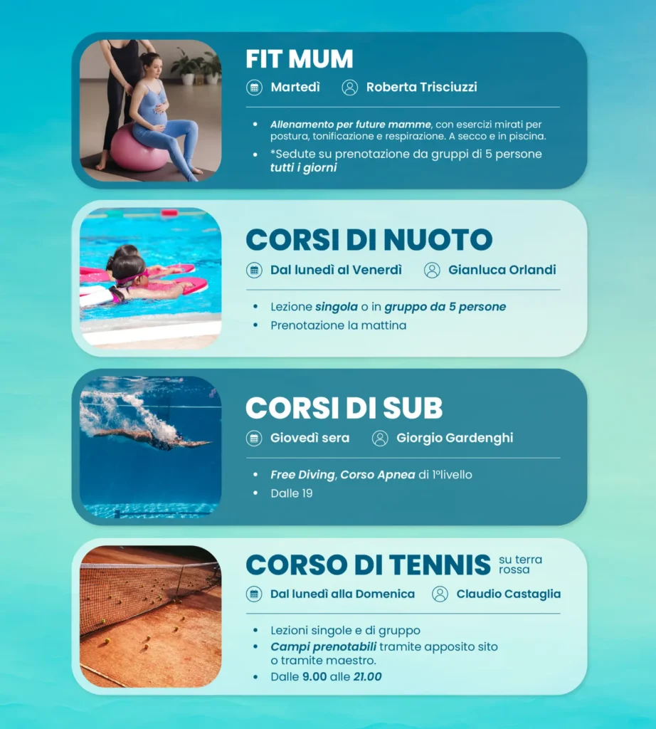 Corsi fit mum, nuoto, sub e tennis Castello di Fossadalbero