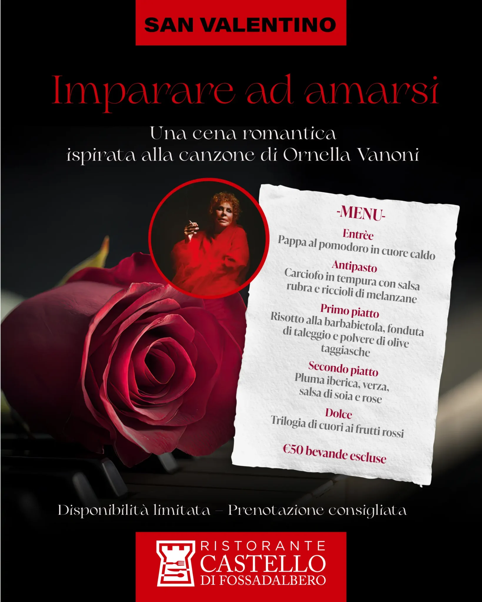 Locandina Cena ispirata a Ornella Vanoni - Ristorante Castello di Fossadalbero